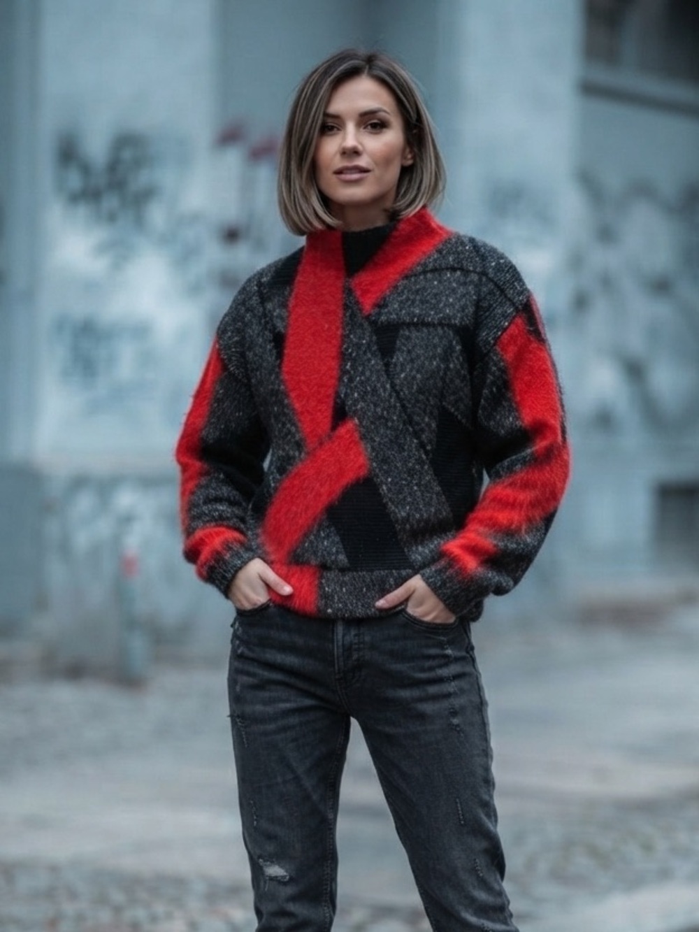Vintage FABE Wool Chunky Grey & Red Geometric Knit 80’s Wool Blend Sweater Sz S